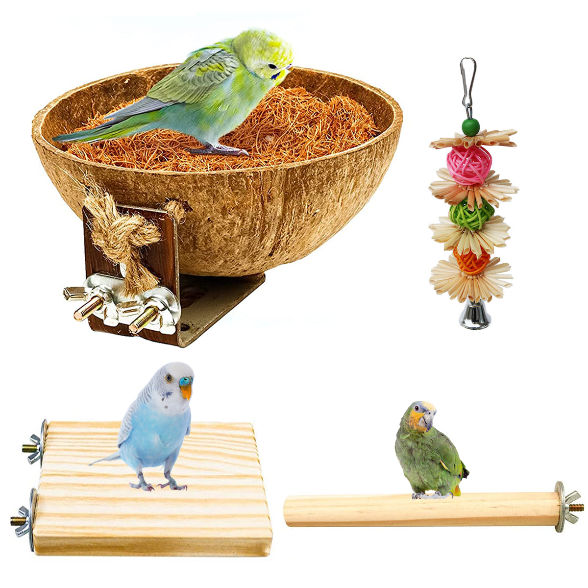 Natural Coconut Bird Nest 4 Pack, Coconut Shell Bird House for Cage, Parrot Perches Stand Chew Toy Cage Accessories for Parakeet Parrot Budgies Cockatoo Cockatiels, Finch, Lovebird