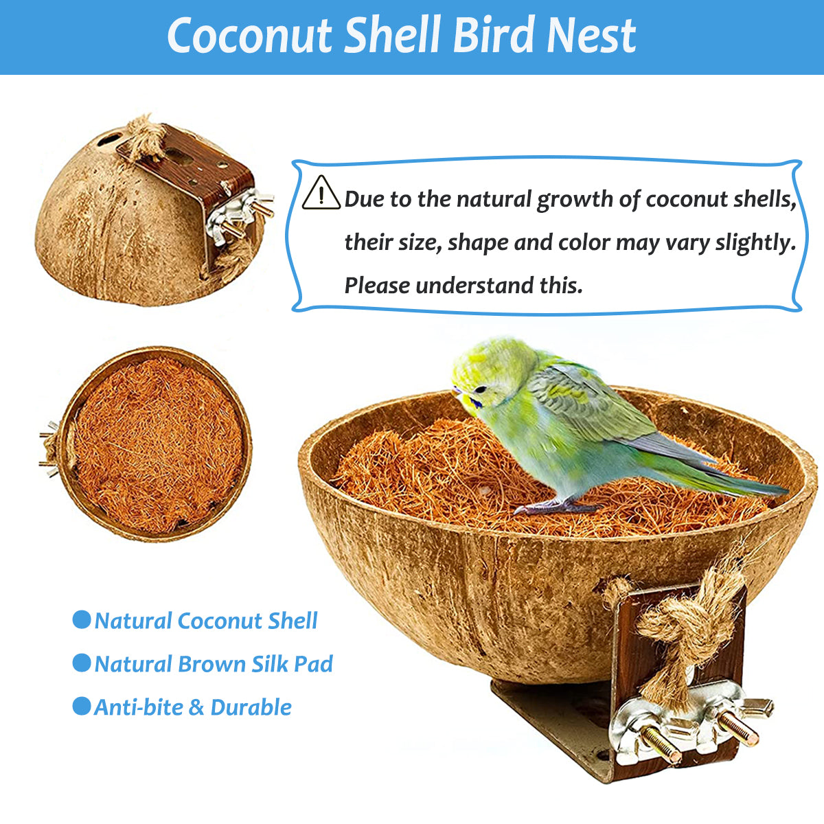 Natural Coconut Bird Nest 4 Pack, Coconut Shell Bird House for Cage, Parrot Perches Stand Chew Toy Cage Accessories for Parakeet Parrot Budgies Cockatoo Cockatiels, Finch, Lovebird
