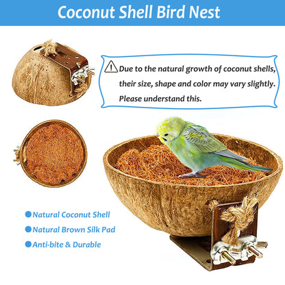 Natural Coconut Bird Nest 4 Pack, Coconut Shell Bird House for Cage, Parrot Perches Stand Chew Toy Cage Accessories for Parakeet Parrot Budgies Cockatoo Cockatiels, Finch, Lovebird