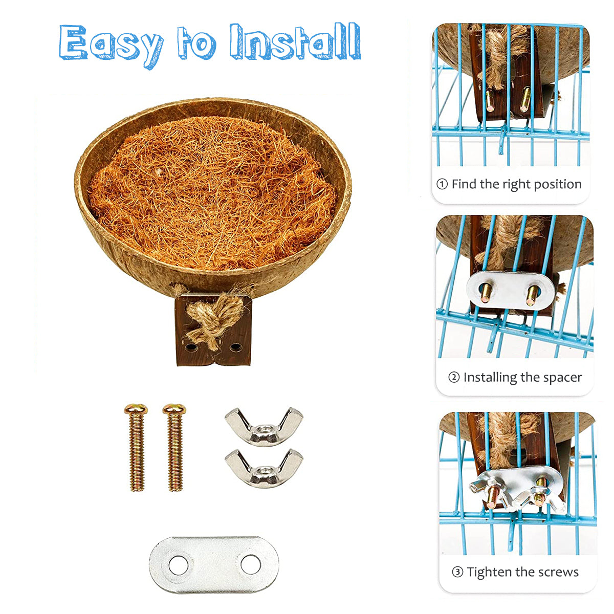 Natural Coconut Bird Nest 4 Pack, Coconut Shell Bird House for Cage, Parrot Perches Stand Chew Toy Cage Accessories for Parakeet Parrot Budgies Cockatoo Cockatiels, Finch, Lovebird