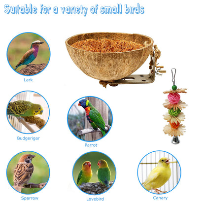 Natural Coconut Bird Nest 4 Pack, Coconut Shell Bird House for Cage, Parrot Perches Stand Chew Toy Cage Accessories for Parakeet Parrot Budgies Cockatoo Cockatiels, Finch, Lovebird