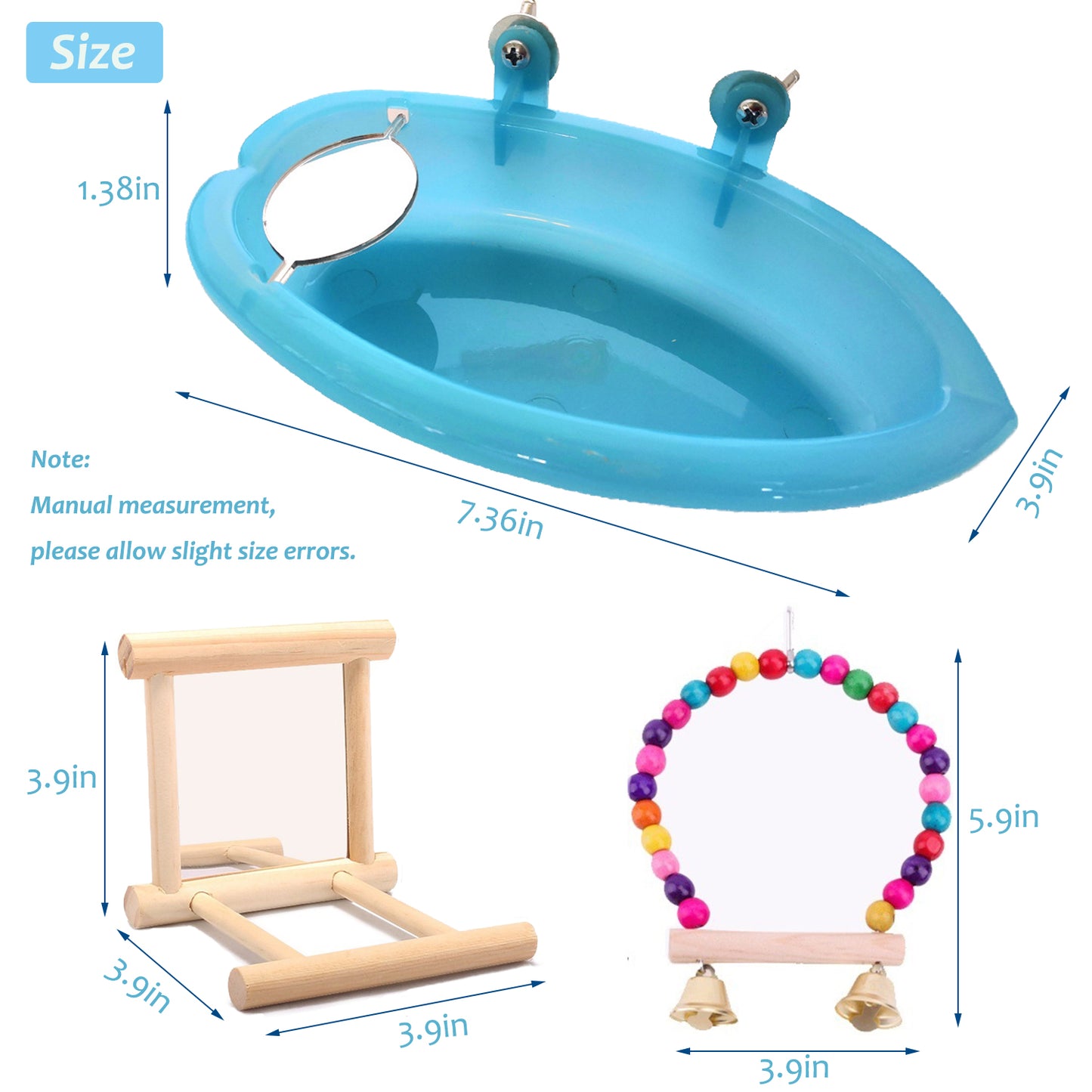 Bird Bathtub with Mirror 3 Packs, Wooden Bird Mirror Perch Stand, Colorful Swing Bird Cage Accessories