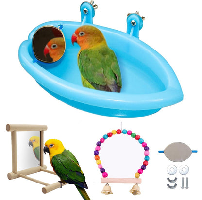 Bird Bathtub with Mirror 3 Packs, Wooden Bird Mirror Perch Stand, Colorful Swing Bird Cage Accessories
