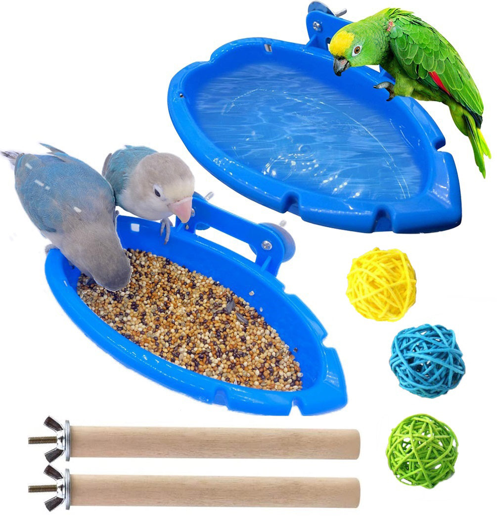 Bird Bath Tub 7 Packs, Wooden Bird Branches, Colorful Rattan Balls, Bird Shower Bathing Bowl for Cage, Parrot Bathtub Pool Bird Feeder Bowl Suitable for Parrots, Parakeet, Budgie, Lovebird, Finches, Conures, Cockatiel