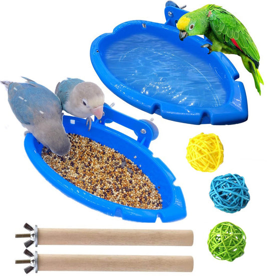 Bird Bath Tub 7 Packs, Wooden Bird Branches, Colorful Rattan Balls, Bird Shower Bathing Bowl for Cage, Parrot Bathtub Pool Bird Feeder Bowl Suitable for Parrots, Parakeet, Budgie, Lovebird, Finches, Conures, Cockatiel