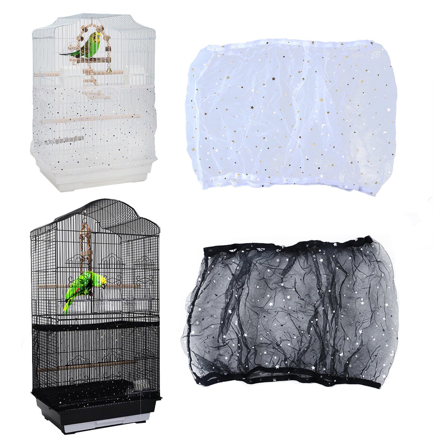 Bird Cage Cover 2 PCS, Bird Cage Seed Catcher, Universal Birdcage Nylon Mesh Net Cover with Starry Sky Pattern, Soft Airy Gauze Birdcage Skirt Seed Guard for Parrots Parakeet Round Square Cages