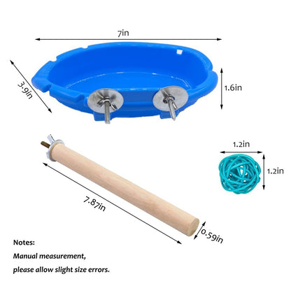 Bird Bath Tub 7 Packs, Wooden Bird Branches, Colorful Rattan Balls, Bird Shower Bathing Bowl for Cage, Parrot Bathtub Pool Bird Feeder Bowl Suitable for Parrots, Parakeet, Budgie, Lovebird, Finches, Conures, Cockatiel